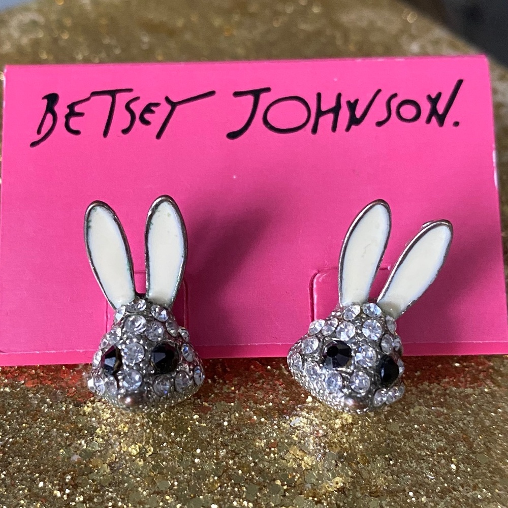 Betsey Johnson Crystal/Silver Bunny Stud Earrings